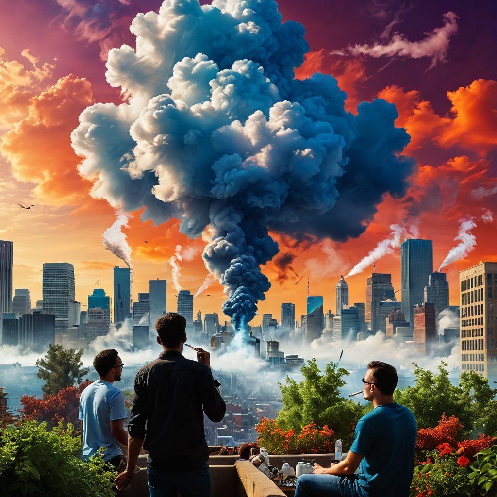 A surreal landscape showing a smoky horizon blending into a bustling city filled with lungs-shaped clouds, diverse people engaging in alternative smoking methods, and vibrant plants symbolizing healthy choices. Bright, engaging colors contrast with the smoky background, creating a visual dialogue about the effects of smoking. surrealism. vivid colors. dynamic composition.