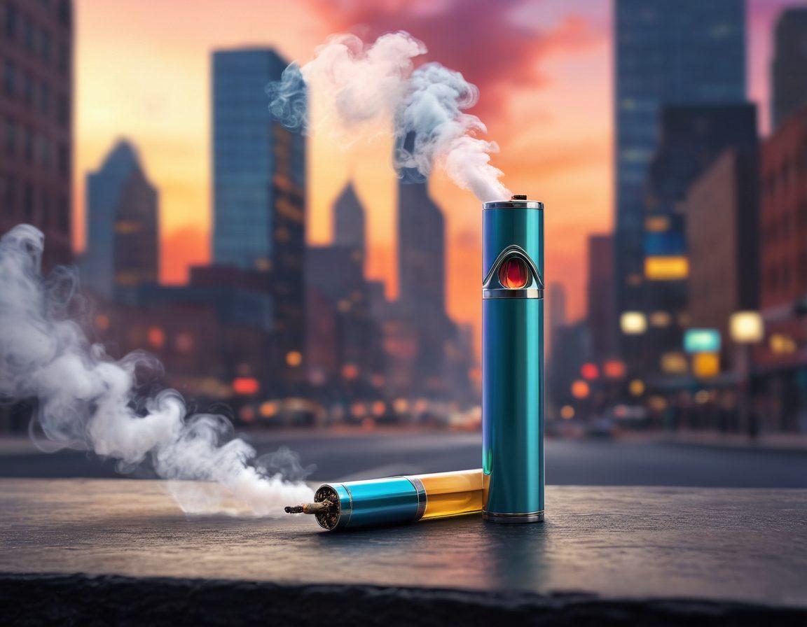 A striking juxtaposition of a classic cigarette slowly transforming into a sleek, modern vape device, set against a blurred urban backdrop. Include wisps of smoke blending into colorful vapor clouds, symbolizing change and evolution in tobacco use. Add subtle elements like health icons and lifestyle symbols interspersed around the scene to represent the ongoing discussions. The overall mood should be dynamic yet informative. hyper-realistic. vibrant colors. 3D.