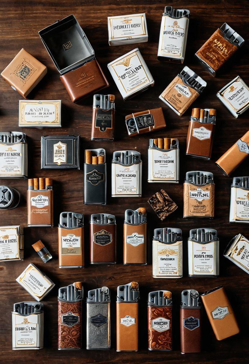 A stylish flat lay composition featuring a variety of premium cigarette packs with elegant designs, surrounded by accessories like a vintage lighter and an ashtray. Soft, ambient lighting creates a refined atmosphere while hints of smoke swirl gently in the air. The background should be a deep wood grain texture, enhancing the luxurious feel. Details like premium tobacco leaves and filters subtly incorporated into the scene add depth. super-realistic. warm tones. sophisticated. vintage style.